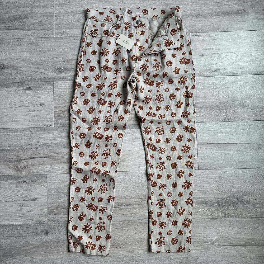 Alex Crane Cham Pants Mens Linen Floral Beige Straight Leg Sz 30 $155